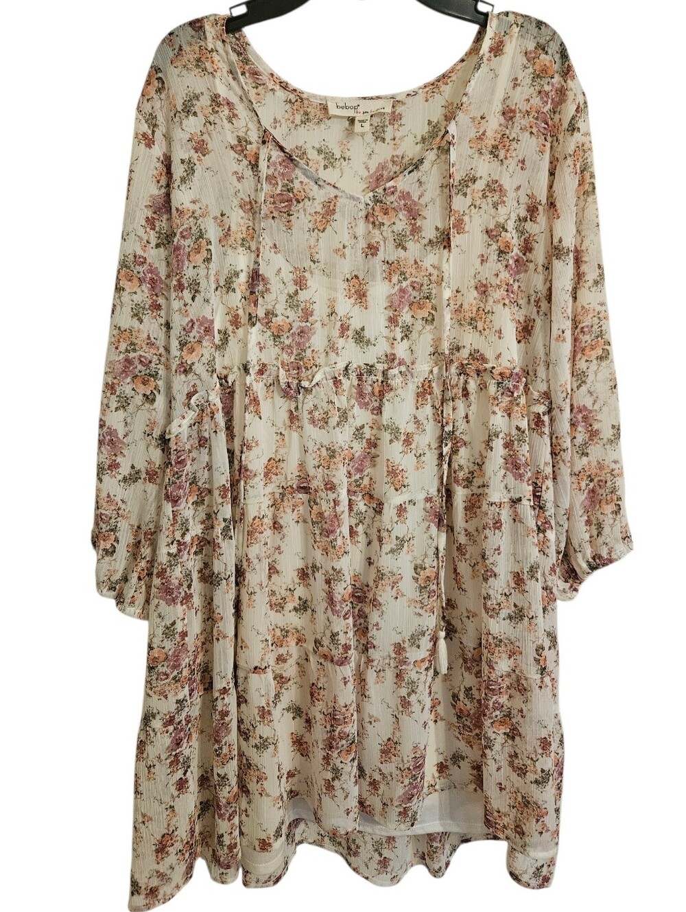 BeBop Floral Peasant Tunic Sheer Overlay, Lined Sz L *flaw